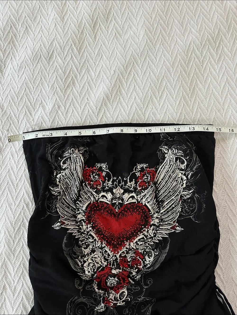 Black Strapless Top with Red Heart Wing Graphic
